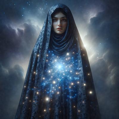 The primary subject of the image is a woman wearing a blue and black cloak. She is standing in front of a cloudy sky, which serves as the setting for the scene. The visual style of the image is digital art, as it appears to be a painting or drawing with a digital touch. The colors and mood of the image are predominantly dark and moody, with the woman's cloak and the cloudy sky creating a dramatic atmosphere.